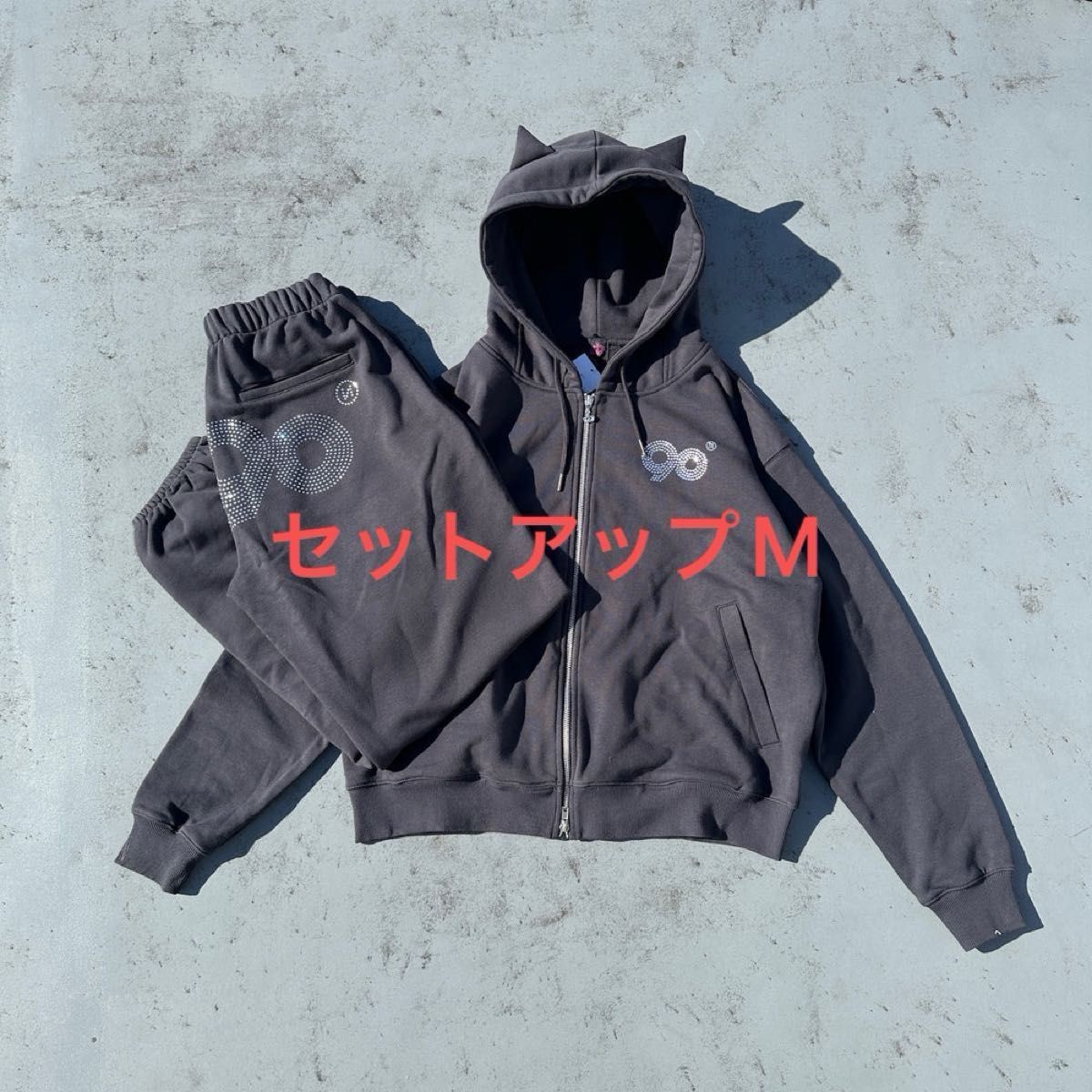 9090 Logo Cat Ear Zip Hoodie pants セット 9090 girl Logo Cat Ear Zip Hoodie pants セットアップM パーカー