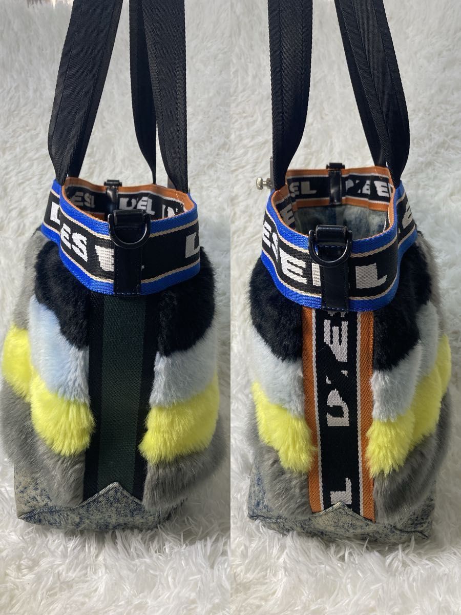 DIESEL トートバッグ ファー デニム リバーシブル ストライプ A4 DIESEL トートバッグ ファー デニム リバーシブル ストライプ A4
