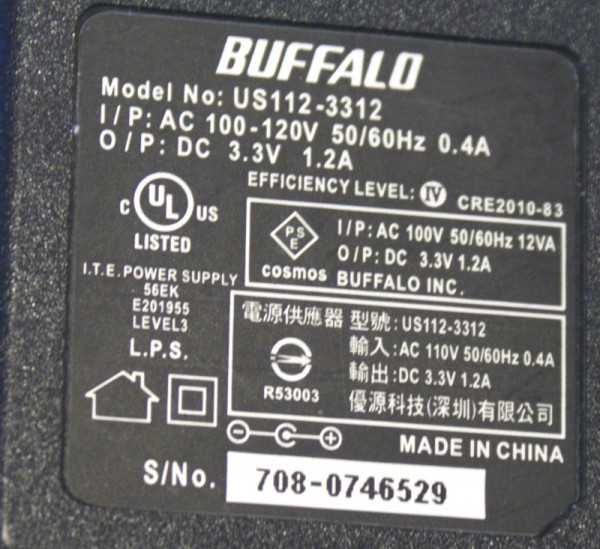 （（送料無料））BUFFALO ACアダプター US112-3312 3.3V 1.2A センターピン無し ● 動作OK★_画像2