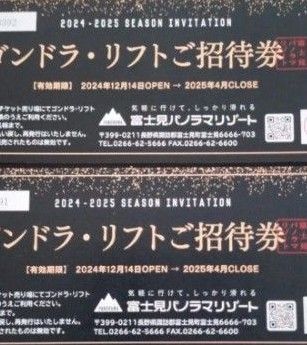 2枚 富士見パノラマリゾート リフトご招待券