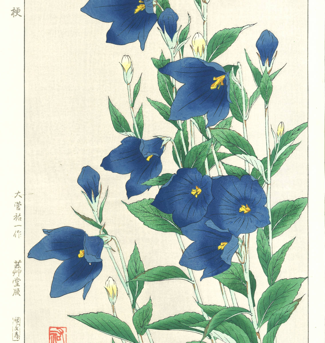 大菅祐一 (Osuga Yuichi) (1939~) 木版画 F179 桔梗 (Bell-flower)　初版昭和中期～京都の一流の摺師の技をご堪能下さい!_画像4