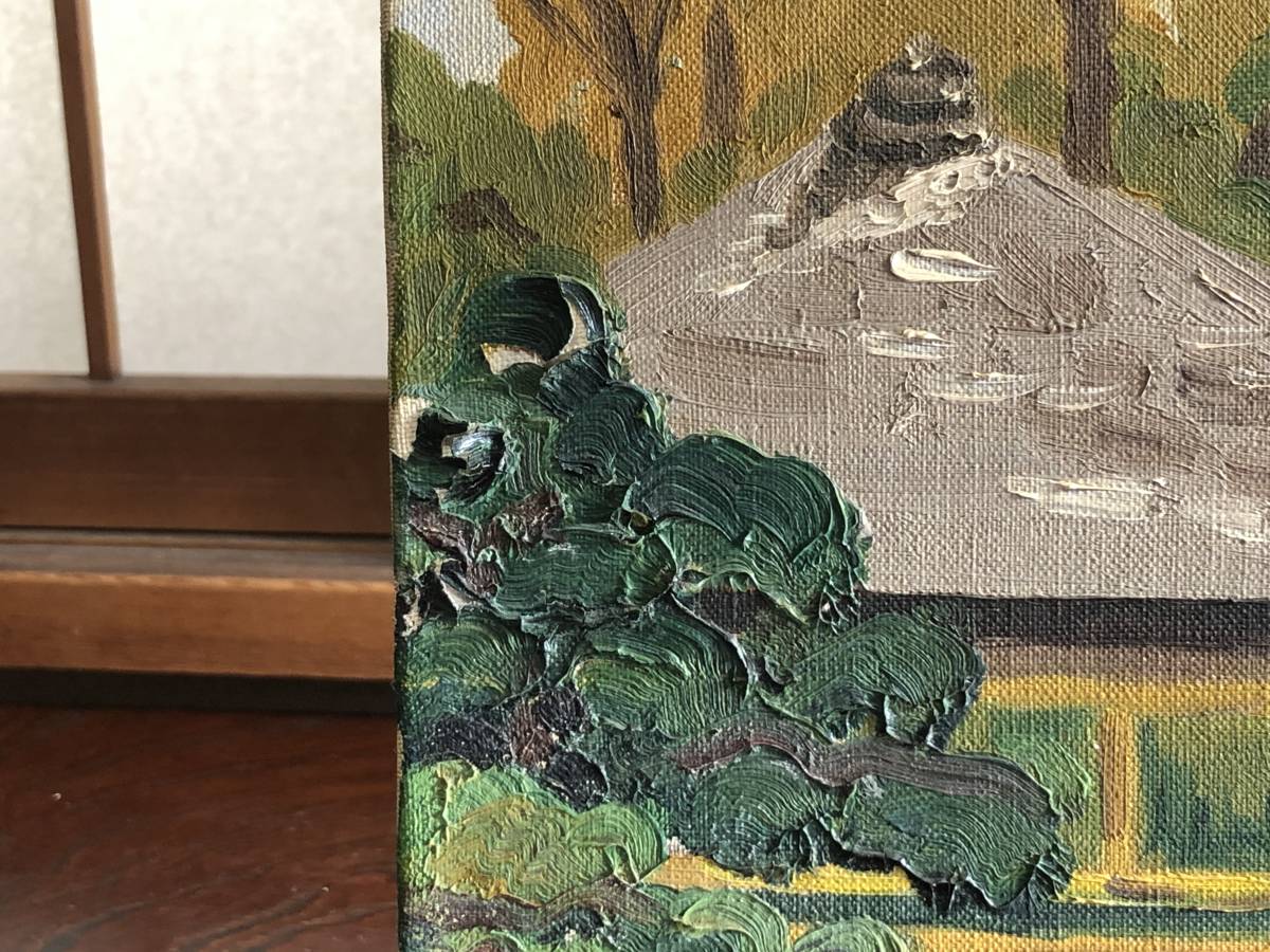 【キャンバス油彩　「日本庭園」】　肉筆　作者未詳品　額入り　　J0926A_一部に絵の具剥離あり