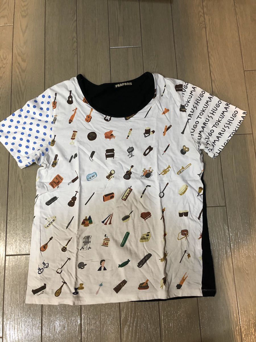 ！！断捨離100円〜！！♪フラボア　FRAPBOIS 楽器　ドット　水玉　水色　黒　英字　半袖Tシャツ サイズ2 USED♪_画像1