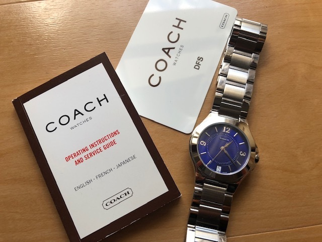 AK240 良品レベル 付属品有 レア COACH コーチ SWISS MADE デイト ブルー文字盤 0154 7.016.659 純正ブレス クオーツ メンズサイズ 腕時計_画像1