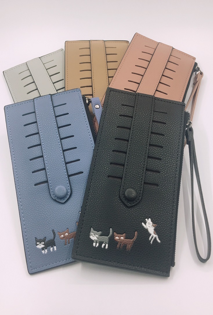 (0100) cat design high class fake leather purse . card-case long wallet rhinoceros f card inserting thin type smartphone inserting strap man and woman use ( black )