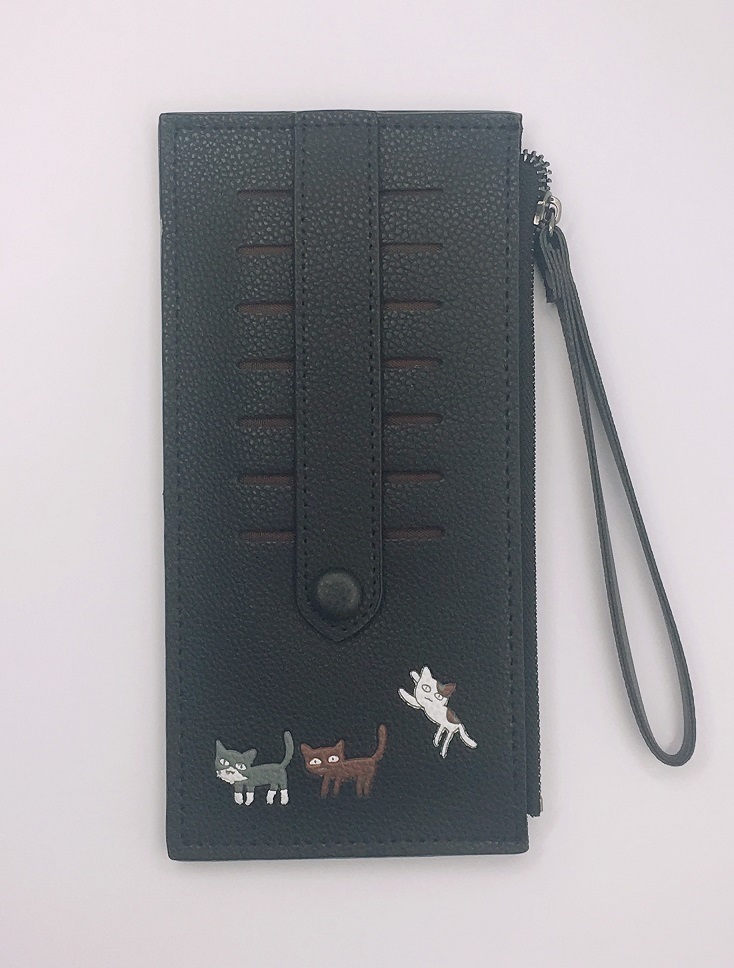 (0100) cat design high class fake leather purse . card-case long wallet rhinoceros f card inserting thin type smartphone inserting strap man and woman use ( black )