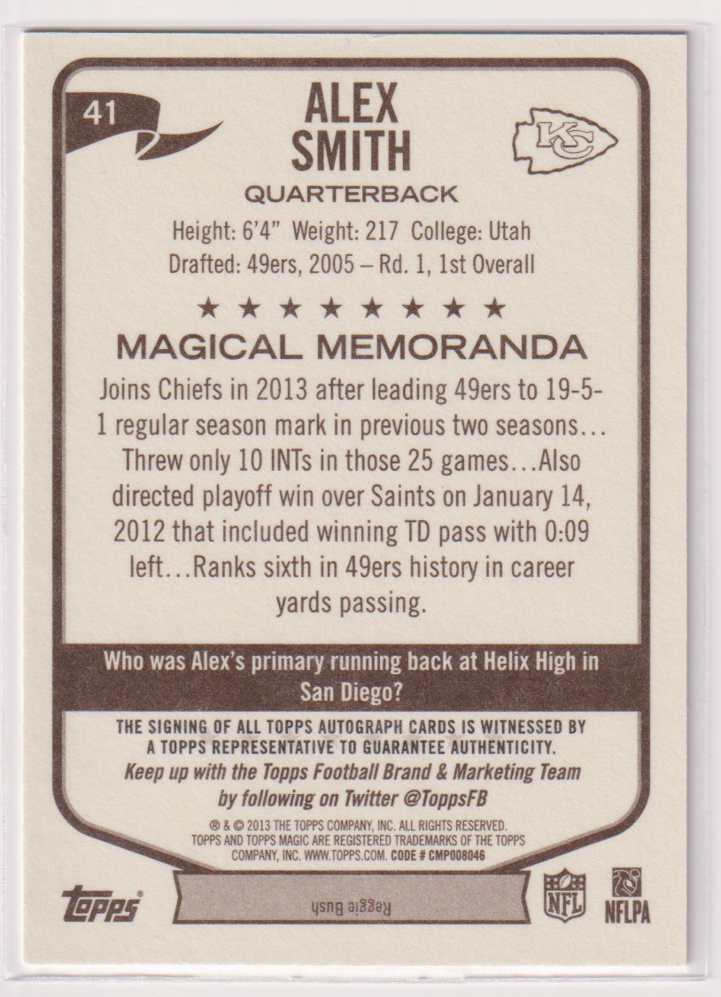 NFL ALEX SMITH AUTO 2013 TOPPS MAGIC Autograph FOOTBALL アレックス・スミス 直筆 サイン オ－ト チーフス_画像2