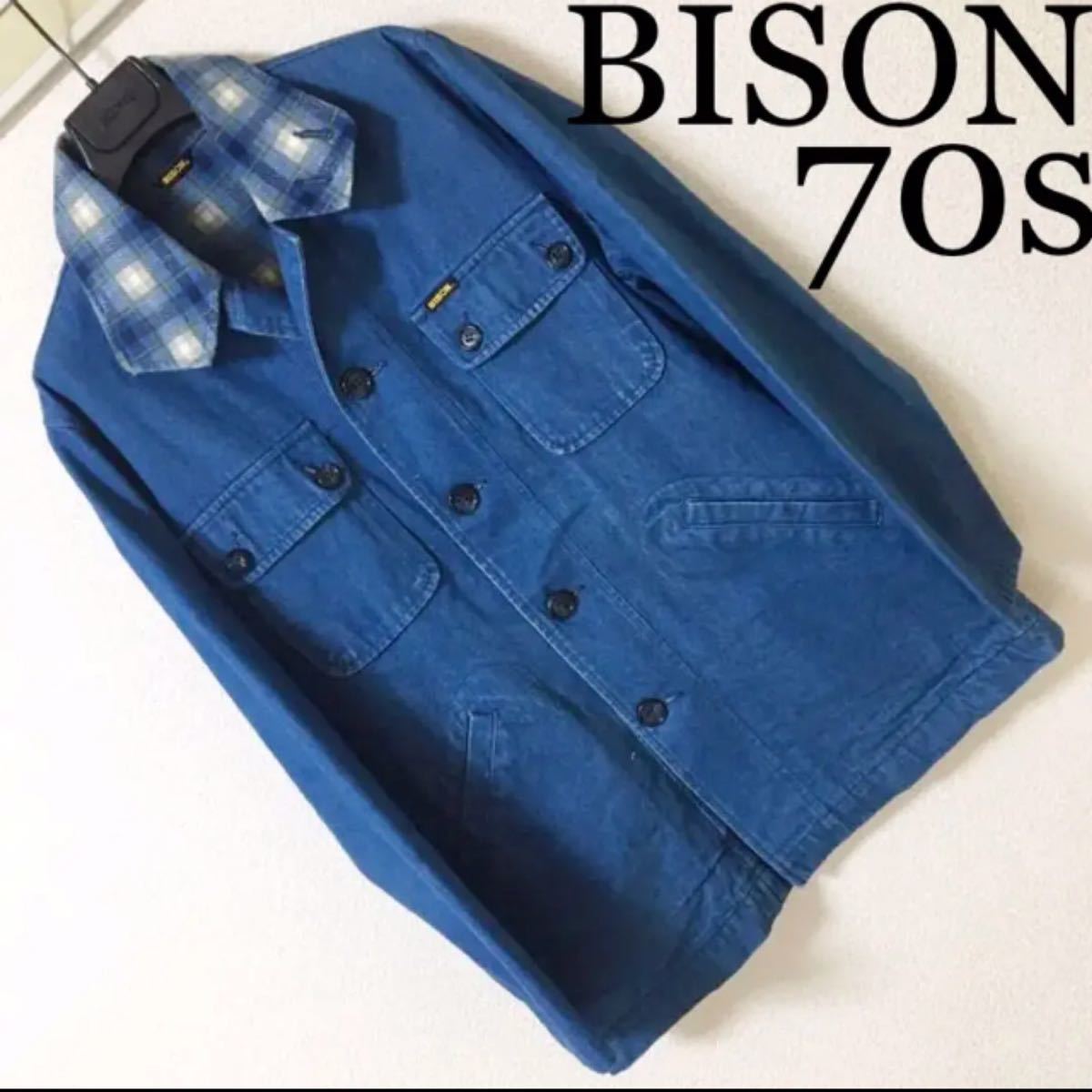 70s◆BISON バイソン◆デニム カバーオール ジャケット チェック M インディゴ ブルー ヴィンテージ オールド 70年代 日本製_画像1