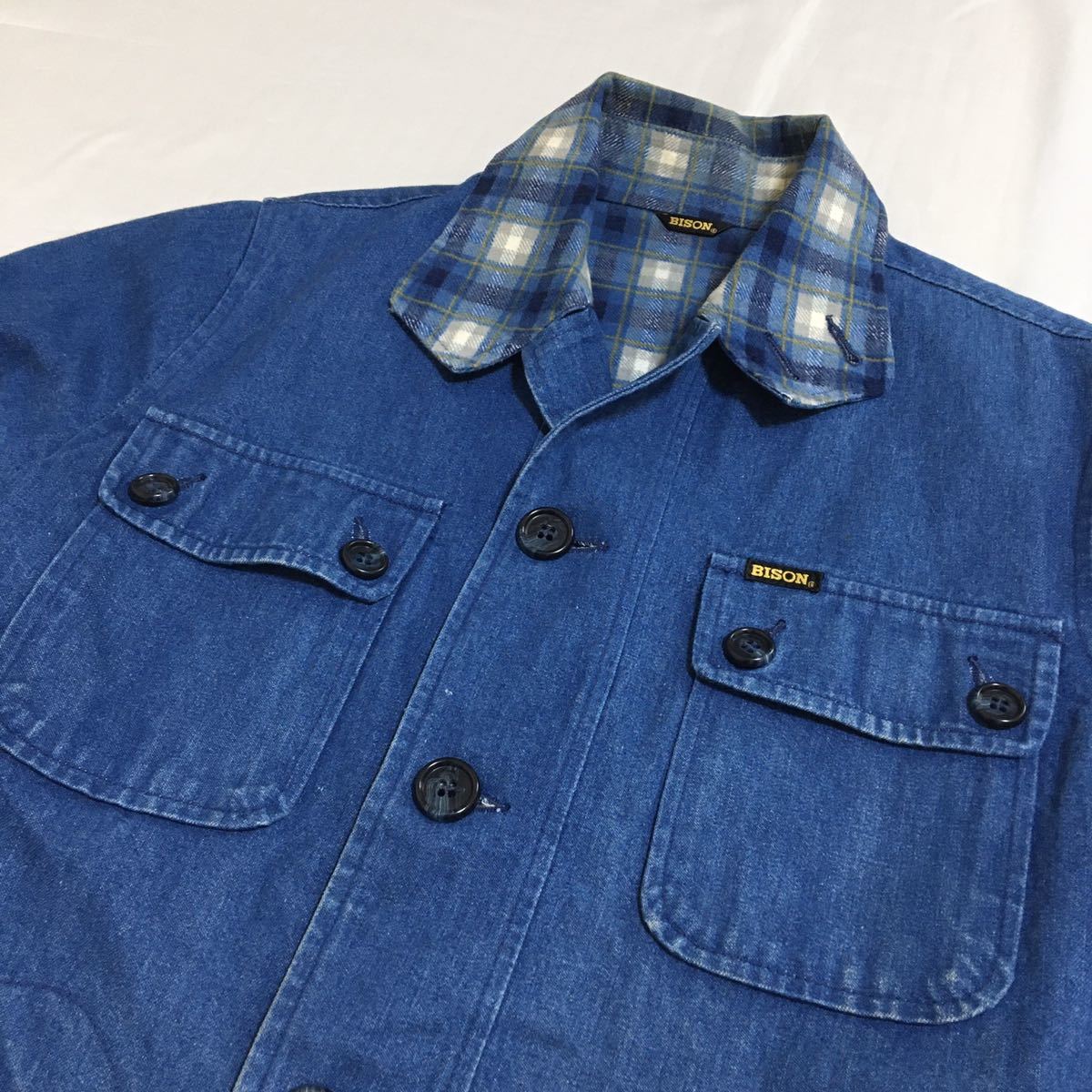 70s BISON バイソン デニム カバーオール ジャケット チェック M 70s BISON バイソン デニム カバーオール ジャケット チェック M