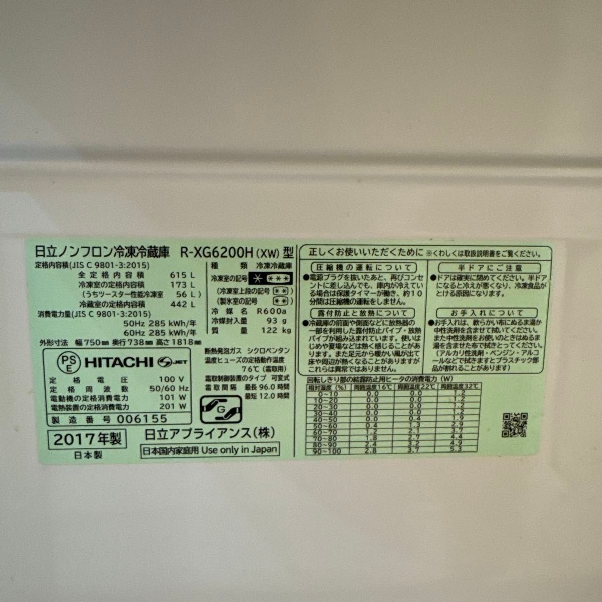 ノンフロン冷凍冷蔵庫 日立 6ドア 白 大型 615L|Yahoo!フリマ ノンフロン冷凍冷蔵庫 日立 6ドア 白 大型 615L|Yahoo!フリマ