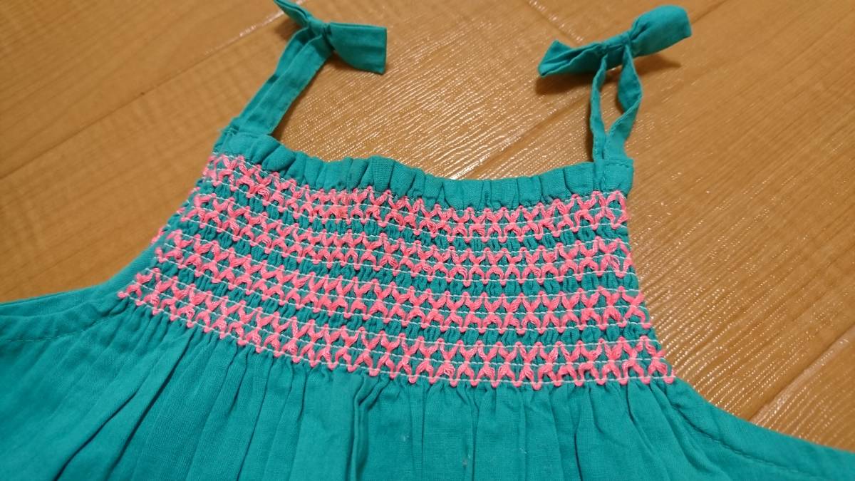 *DP...am 74cm ノースリーブチュニック エメラルドグリーン系 ピンク色刺繍 トップス フランス 女の子