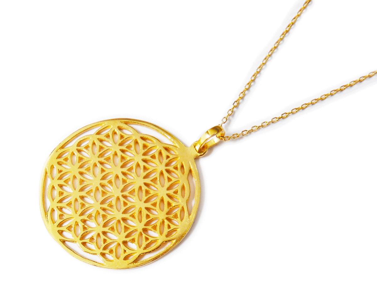 ★送料無料★［純金加工］宇宙のパワーがみなぎる神聖幾何学模様・Flower of Life・ゴールドヒーリングネックレス ・32mm（made in BALI）