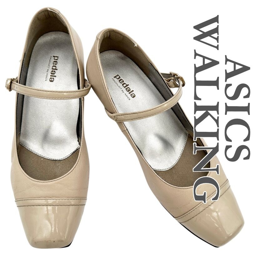 ASICS WALKING パンプス 本革 ストラップ スクエアトゥ クリーム 1963T