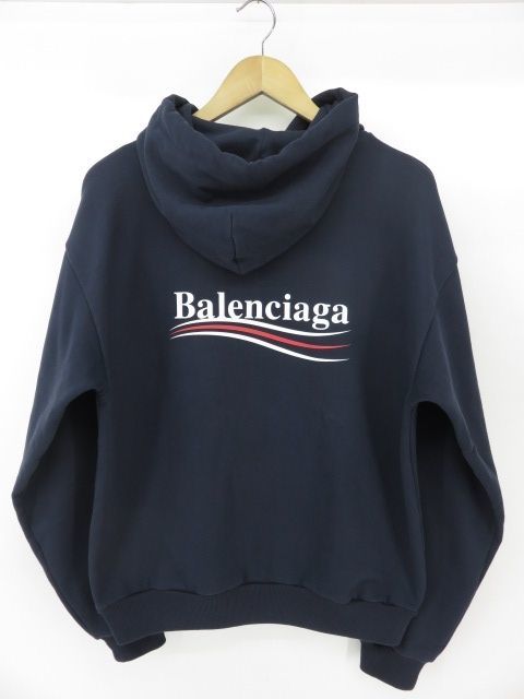 130s/ BALENCIAGA バレンシアガ ロゴプリントプルオーバーフーディー パーカー TBV14 4128 ネイビー Mサイズ ※中古_画像3