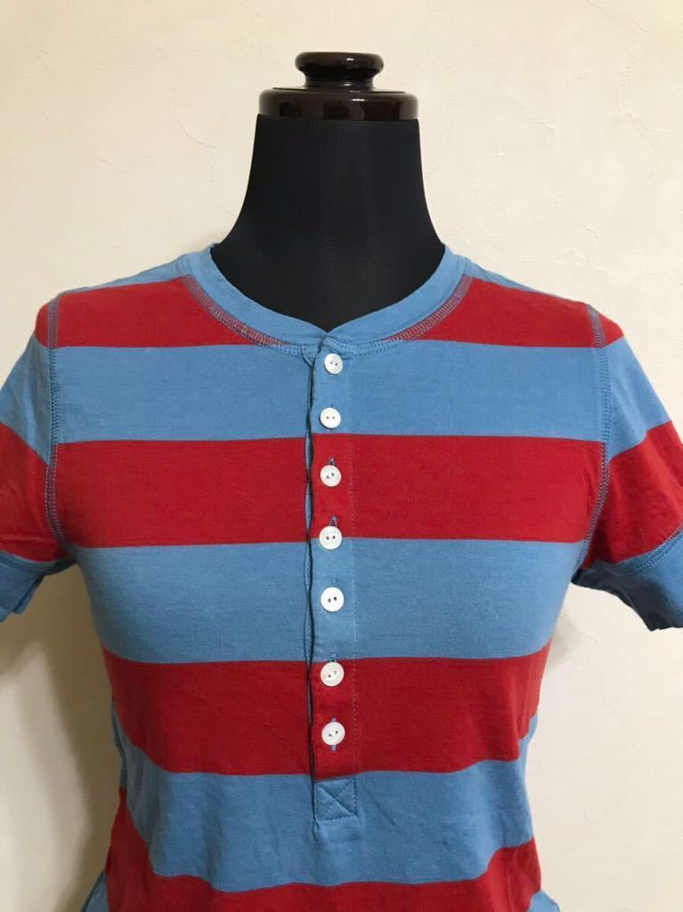 [ new goods ] RALPH LAUREN RUGBY Ralph Lauren rugby lady's border Henley neckline T-shirt tops US size M short sleeves light blue red 