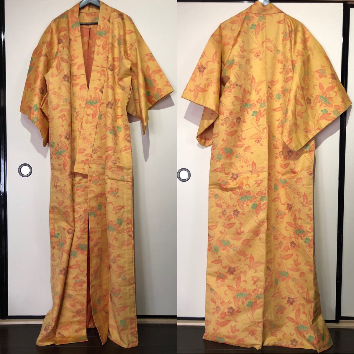 日本製 ハンドメイド アンティーク着物 和服 刺繍ジャガードゴブラン 黄色 イエロー オレンジ 昭和レトロ 厚手着物_画像6