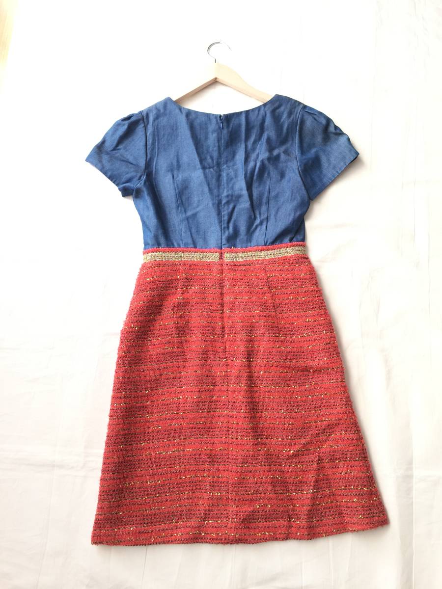  Chesty Chesty One-piece short sleeves switch Denim tweed knee height biju-1 red blue lady's skirt do King unusual material beads Gold 