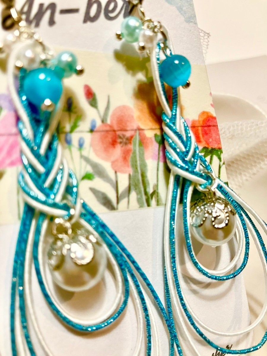 水引ピアス　ロングみょうが結びとパール　ピアス　　イヤリング　S423 　ハンドメイド