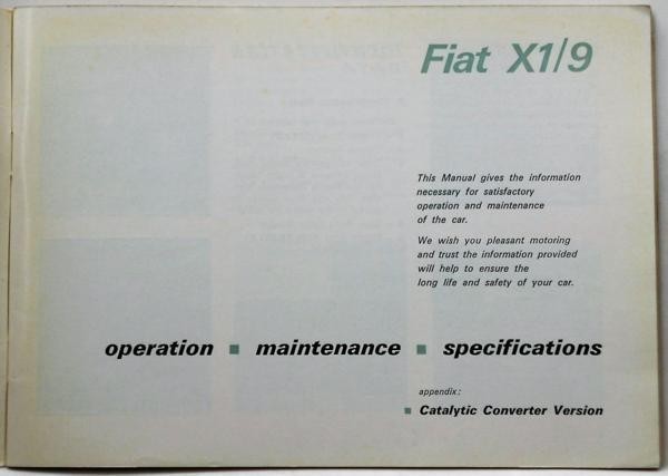 Fiat X1/9 OWNER HANDBOOK USA specification English version 