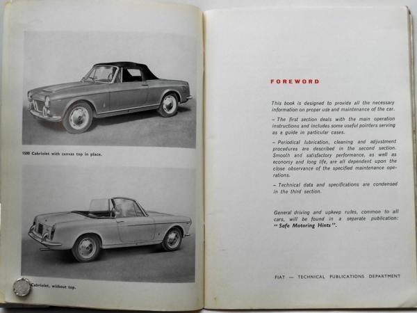 Fiat 1500 2-seater Cabriolet Instructio Book English version 