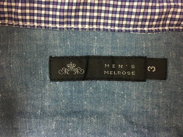 MEN'S MELROSE メンズメルローズ サイズ3 メンズ シャツ 襟とカフスにチェック柄裏地 ポケット 半端袖 ロールアップ袖 ブルー系×グレー系_画像2