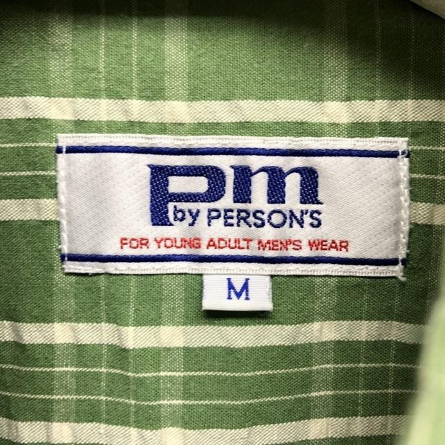 PM by PERSON'S パーソンズ Mサイズ メンズ クレープシャツ ボタンダウン チェック柄 両胸ポケット 半袖 綿100% グリーン×ホワイト 緑×白_画像2
