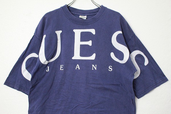 USA製 90's ゲス ビッグロゴ プリント 半袖 Tシャツ 紺 (XL位) 袖プリント アメリカ製 90年代 袖プリ GUESS JEANS_画像1