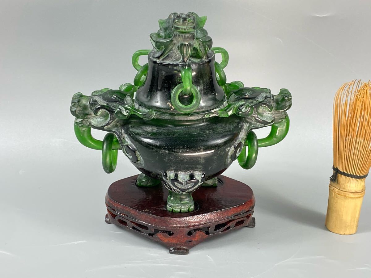 福蔵】中国古玩 香炉 唐木台付 和田玉碧玉 瑠璃 翡翠 置物 彫刻 福蔵】中国古玩 香炉 唐木台付 和田玉碧玉 瑠璃 翡翠 置物 彫刻