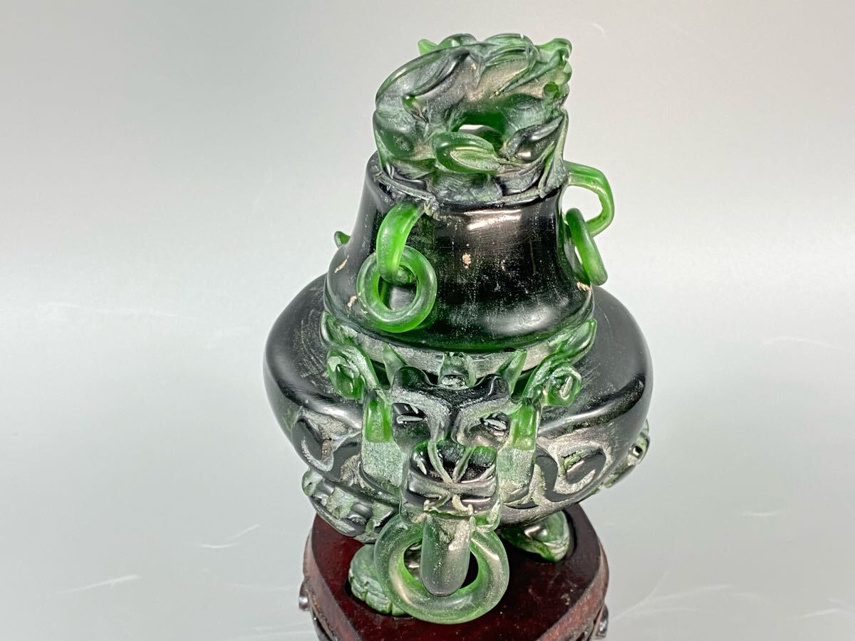 福蔵】中国古玩 香炉 唐木台付 和田玉碧玉 瑠璃 翡翠 置物 彫刻 福蔵】中国古玩 香炉 唐木台付 和田玉碧玉 瑠璃 翡翠 置物 彫刻