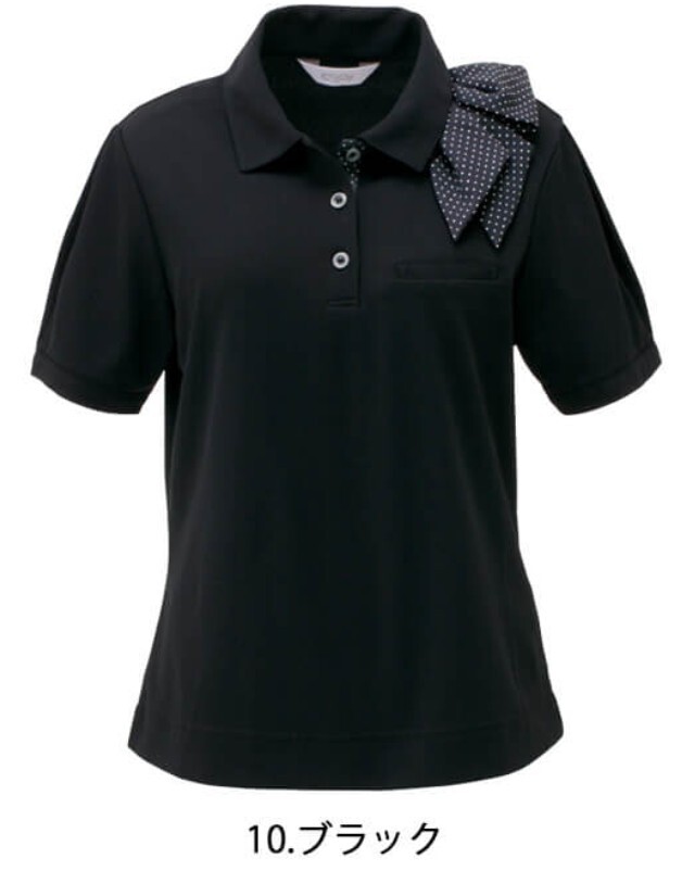 【新品】ENJOY_3Lサイズ_オフィスポロシャツ（10：黒/ブラック）ESP403/ミニスカーフ付/エンジョイ/かわいい會(huì)社事務(wù)服/おしゃれOL制服
