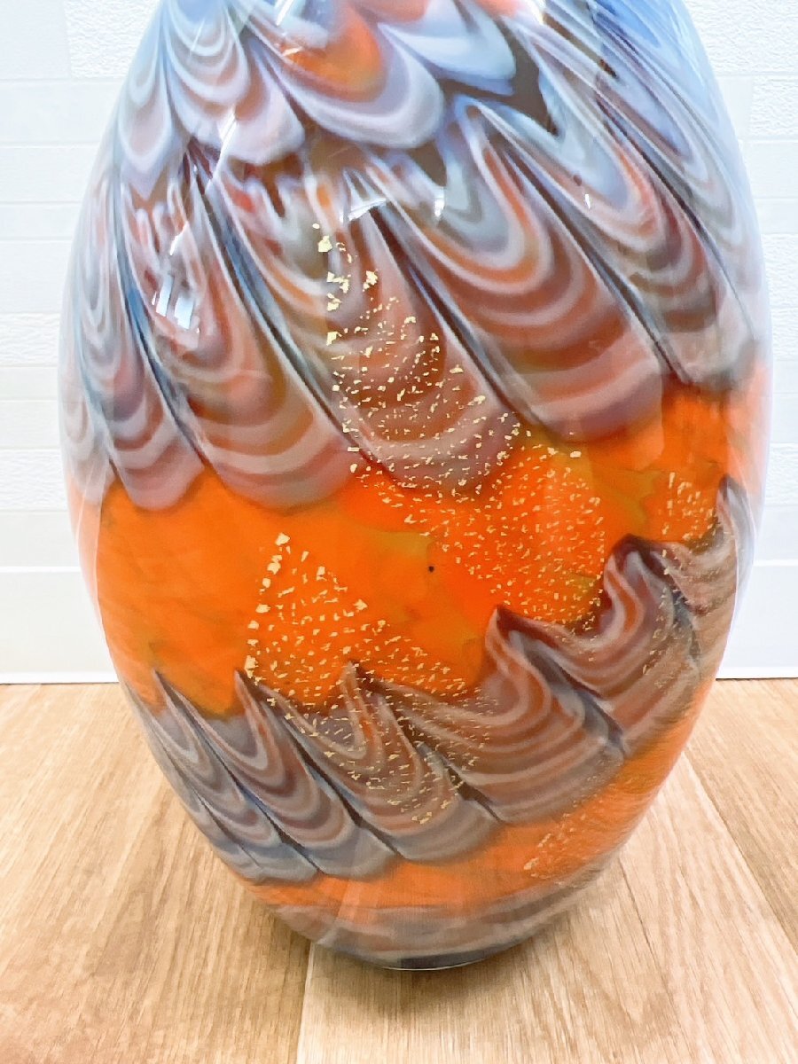 カメイガラス 花瓶 高さ28cm マーブル オレンジ ブルー 金箔柄 カメイガラス 花瓶 高さ28cm マーブル オレンジ ブルー 金箔柄