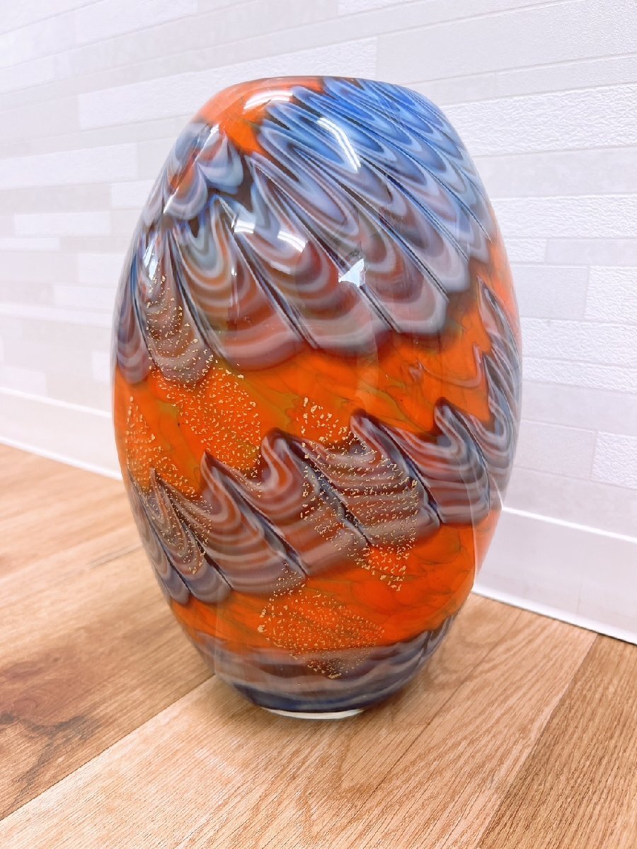 カメイガラス 花瓶 高さ28cm マーブル オレンジ ブルー 金箔柄 カメイガラス 花瓶 高さ28cm マーブル オレンジ ブルー 金箔柄