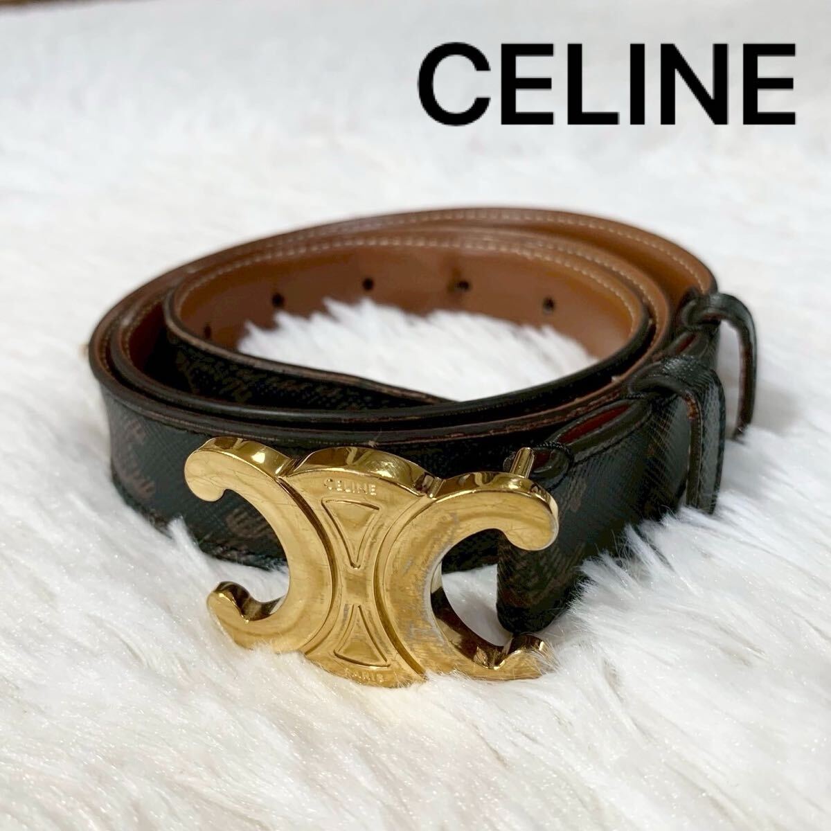 超希少 CELINE セリーヌ トリオンフ 総柄 レザーベルト ゴールド 超希少 CELINE セリーヌ トリオンフ 総柄 レザーベルト ゴールド