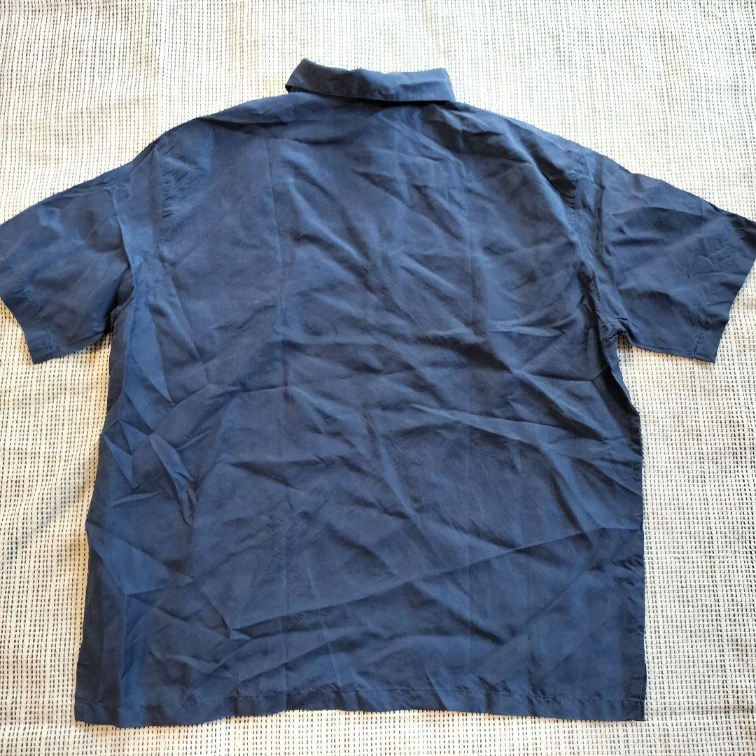 シルク100%シャツ　絹　SILK　半袖　ポロシャツ　プルオーバー　フリーサイズ　ネイビー　紺色　メンズ　敏感肌