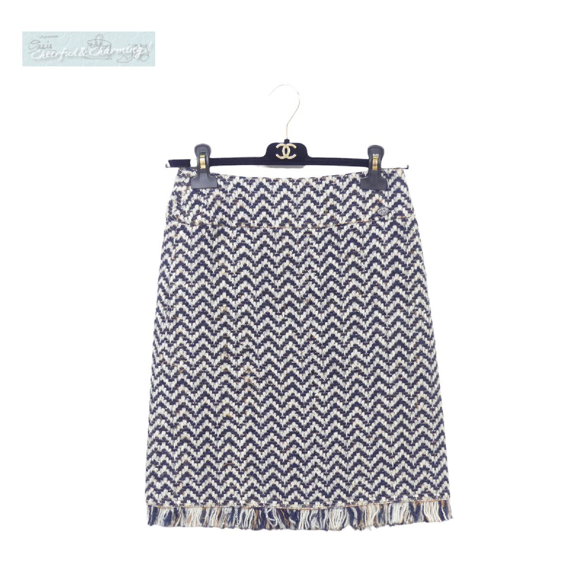 Sランク CHANEL ツイードスカート 34 ネイビー/エクリュ/ブラウン/グレー ココマークプレート P62387 國(guó)內(nèi)購(gòu)入 '19年商品