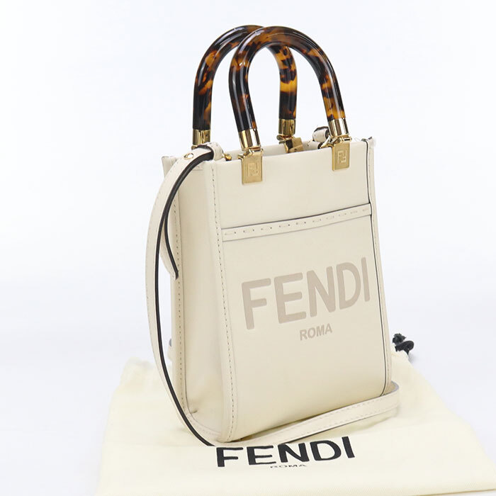 中古美品 FENDI フェンディ トートバッグ 8BS051 ABVL サンシャイン ショッパー ミニ レディース ホワイト