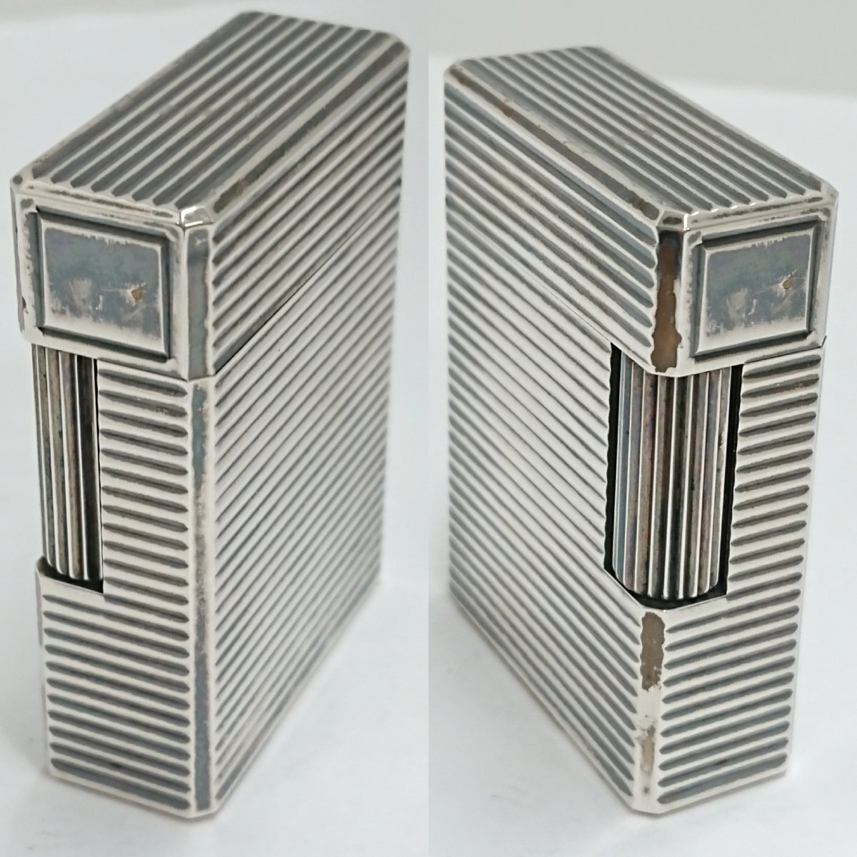 ⑧銀張り/ボーダー柄?S.T.Dupont/デュポン ライン１ ショート ミニ ローラー ガス ライター シルバーカラー★著火未確認(rèn)★火花OK★USED品