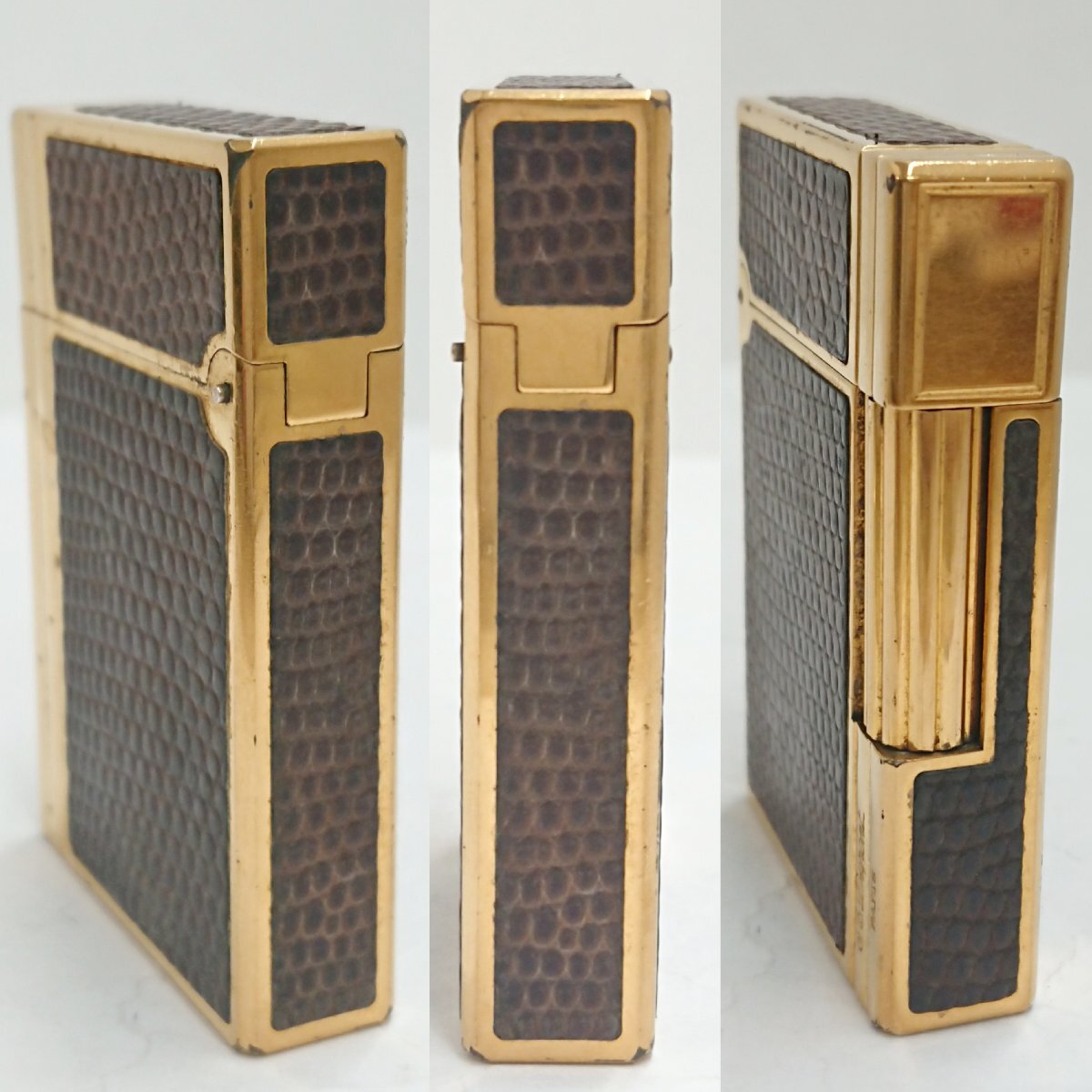 ③ジャンク品★リザード革張り?S.T.Dupont/デュポン ギャッツビー ローラー ガス ライター ゴールドxブラウン★著火未確認(rèn)★火花OK★USED