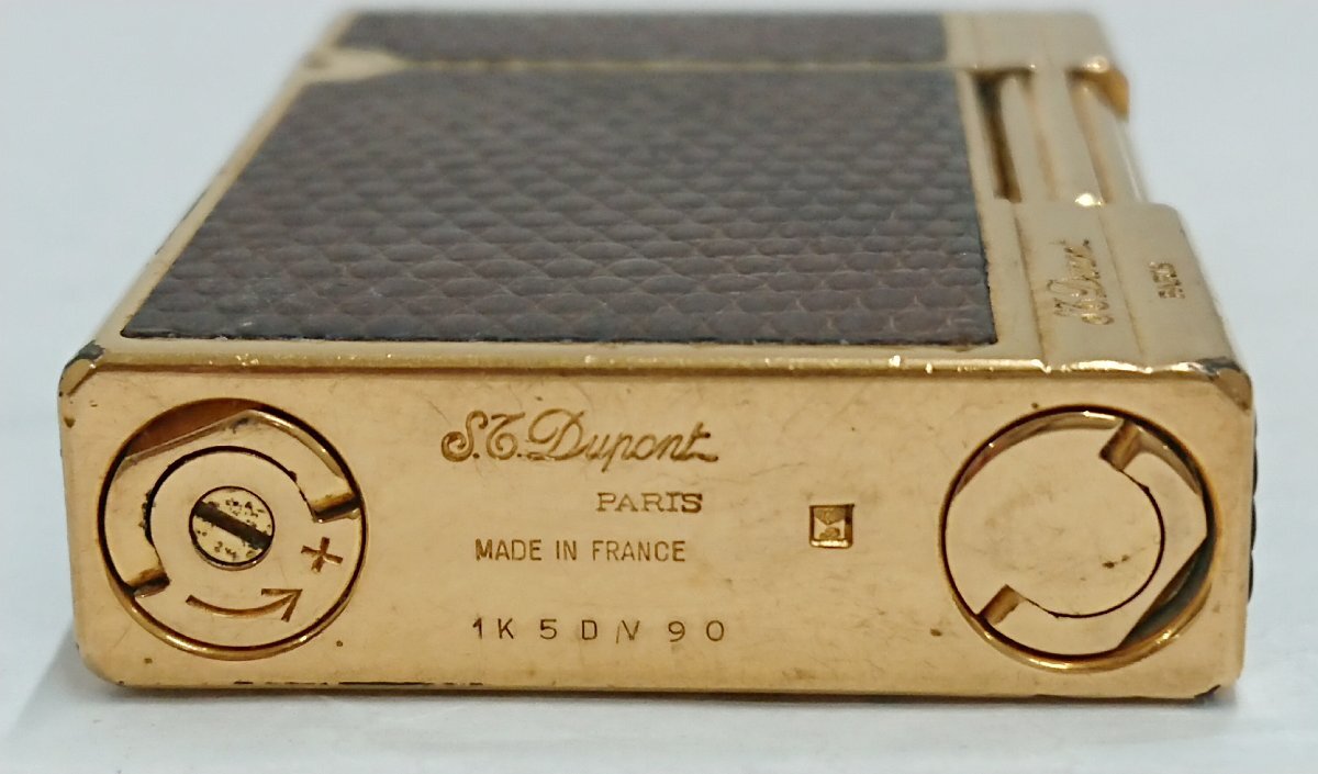 ③ジャンク品★リザード革張り?S.T.Dupont/デュポン ギャッツビー ローラー ガス ライター ゴールドxブラウン★著火未確認(rèn)★火花OK★USED