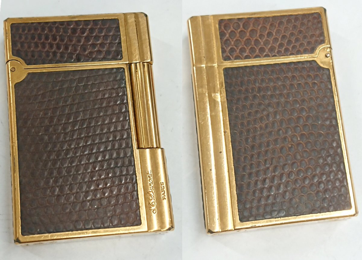 ③ジャンク品★リザード革張り?S.T.Dupont/デュポン ギャッツビー ローラー ガス ライター ゴールドxブラウン★著火未確認(rèn)★火花OK★USED