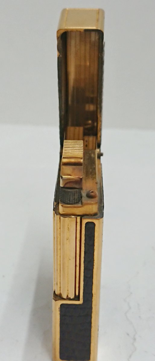 ③ジャンク品★リザード革張り?S.T.Dupont/デュポン ギャッツビー ローラー ガス ライター ゴールドxブラウン★著火未確認(rèn)★火花OK★USED