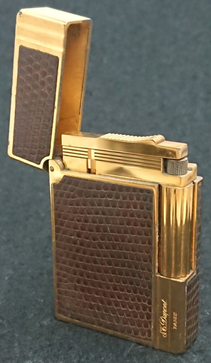 ③ジャンク品★リザード革張り?S.T.Dupont/デュポン ギャッツビー ローラー ガス ライター ゴールドxブラウン★著火未確認(rèn)★火花OK★USED