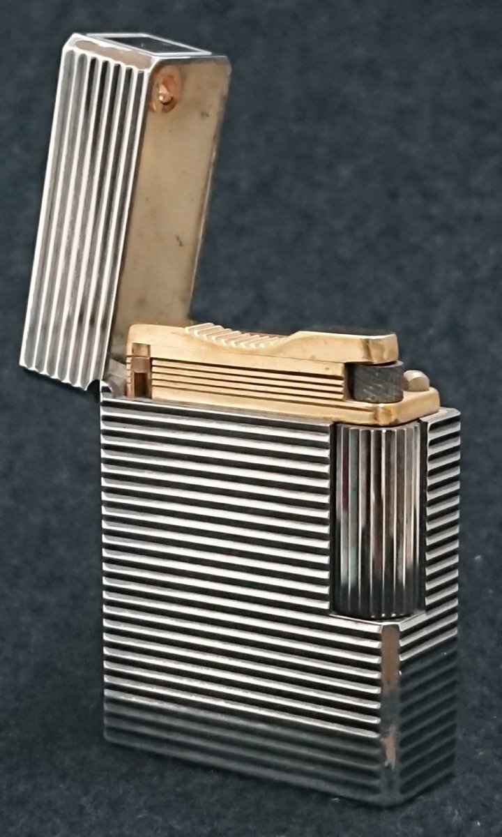 ⑧銀張り/ボーダー柄?S.T.Dupont/デュポン ライン１ ショート ミニ ローラー ガス ライター シルバーカラー★著火未確認(rèn)★火花OK★USED品
