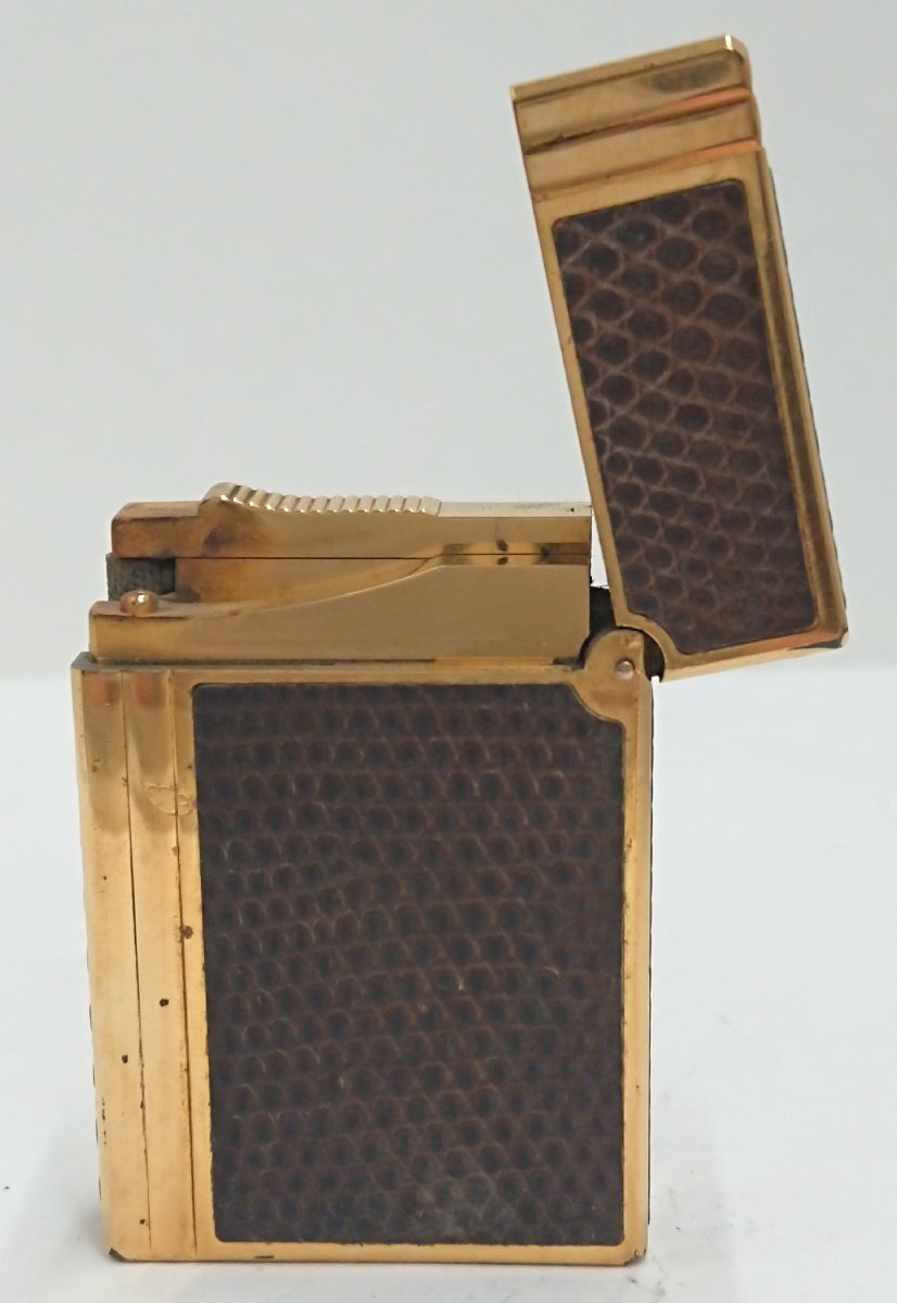 ③ジャンク品★リザード革張り?S.T.Dupont/デュポン ギャッツビー ローラー ガス ライター ゴールドxブラウン★著火未確認(rèn)★火花OK★USED