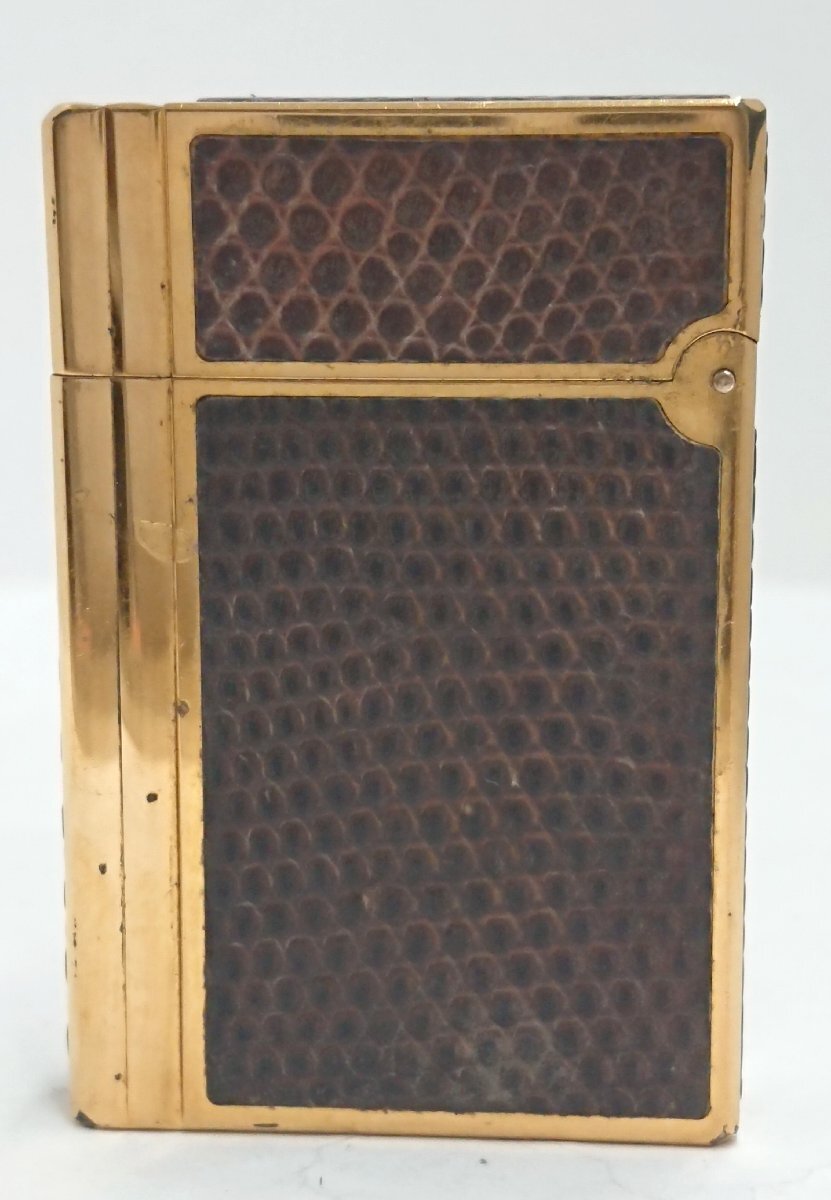 ③ジャンク品★リザード革張り?S.T.Dupont/デュポン ギャッツビー ローラー ガス ライター ゴールドxブラウン★著火未確認(rèn)★火花OK★USED