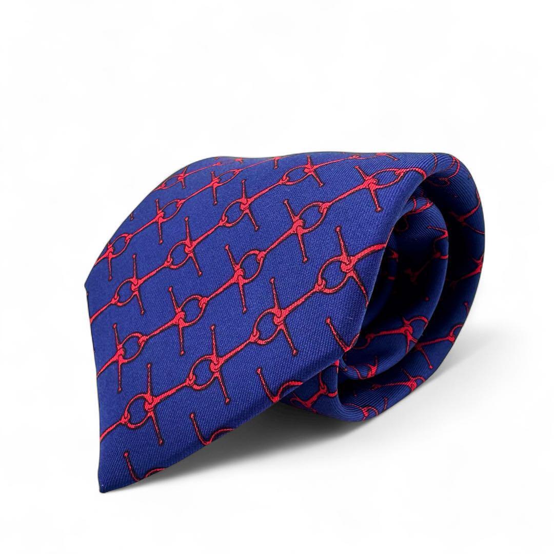 美品】HERMES エルメス シルク ネクタイ ネイビー×レッド 美品】HERMES エルメス シルク ネクタイ ネイビー×レッド