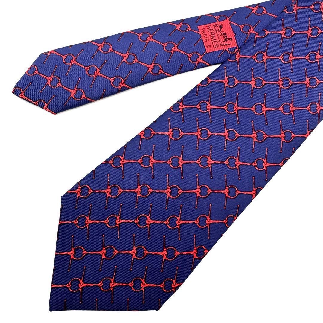 美品】HERMES エルメス シルク ネクタイ ネイビー×レッド 美品】HERMES エルメス シルク ネクタイ ネイビー×レッド