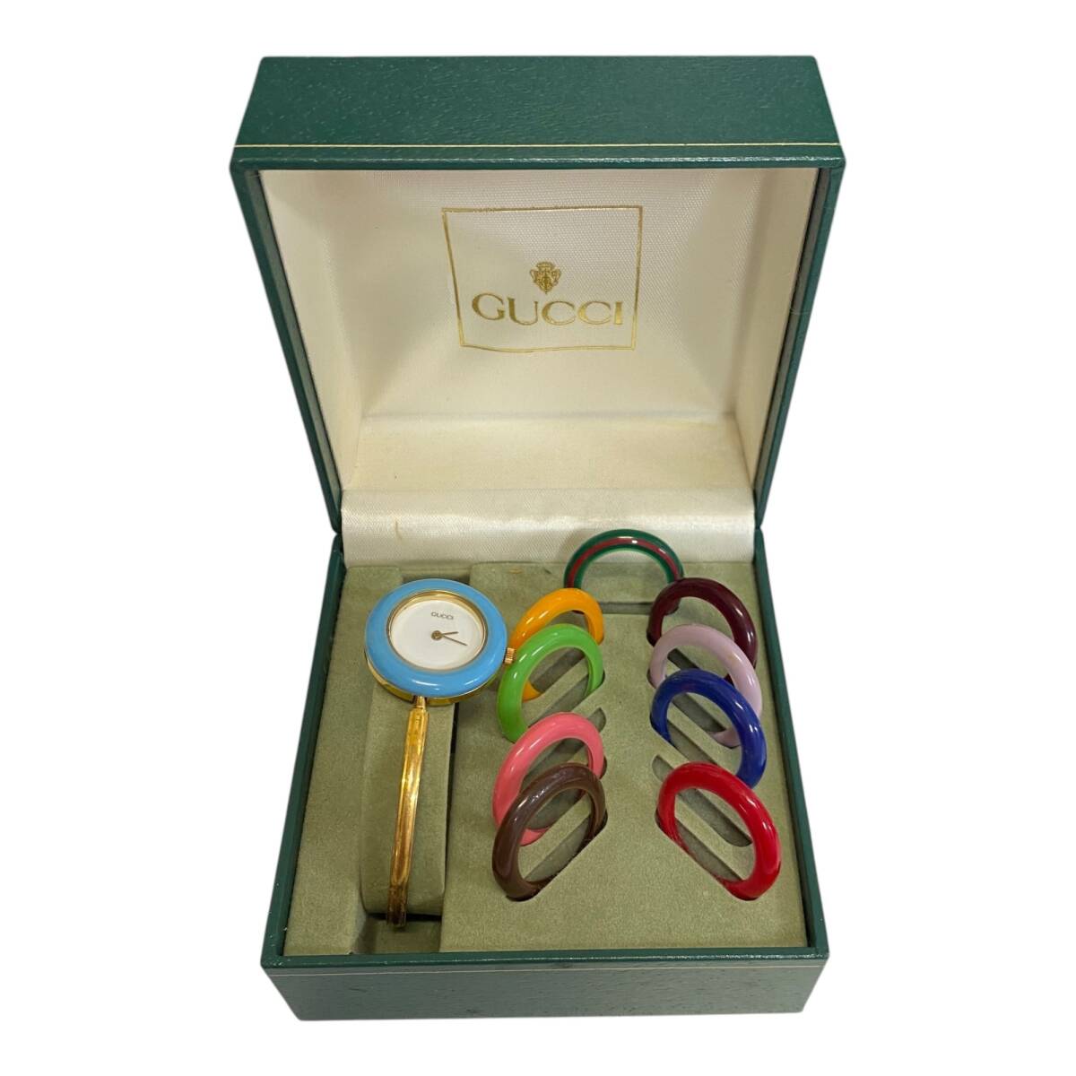 グッチ　チェンジベゼル　バングルウォッチ　全10色　箱付き ゴールド　クォーツ 極美品 GUCCI チェンジベゼル 11/12 箱付き 内箱 外箱 ギャラン