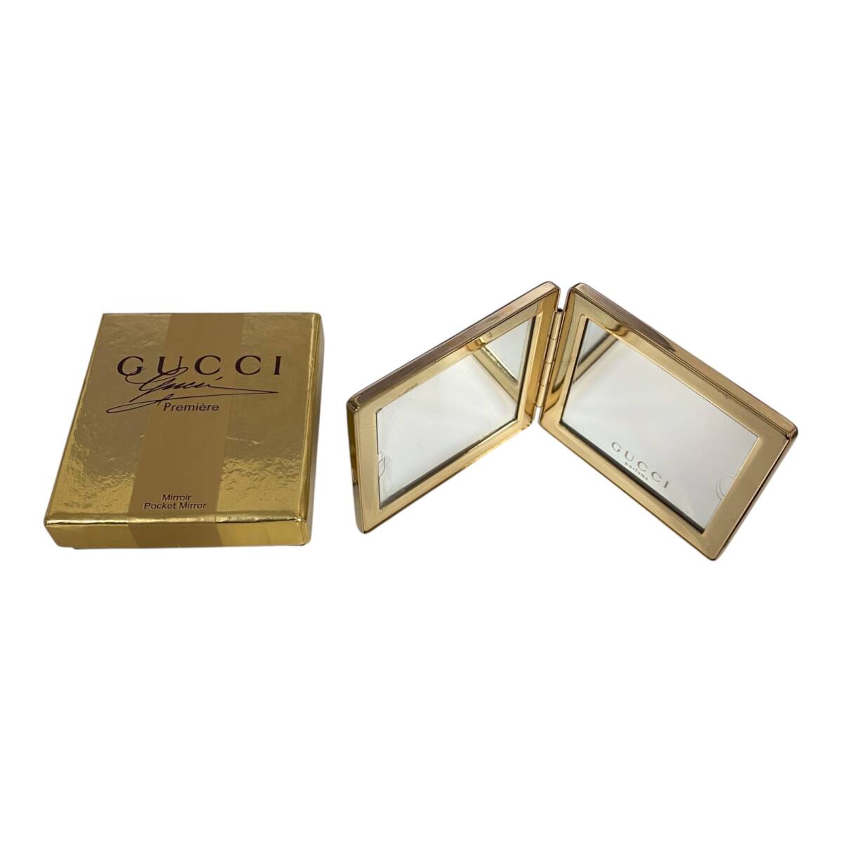 【中古品】 GUCCI グッチ コンパクト 両面ミラー 折畳み 持ち運び ミラー 鏡 ゴールド 小物 箱有 W86257RD