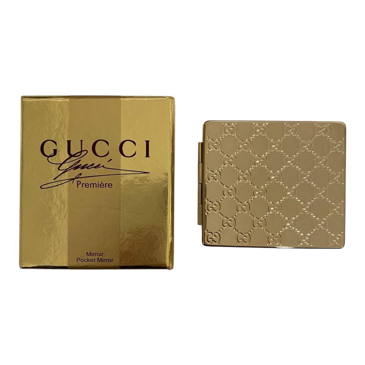 【中古品】 GUCCI グッチ コンパクト 両面ミラー 折畳み 持ち運び ミラー 鏡 ゴールド 小物 箱有 W86257RD